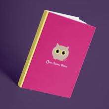 Load image into Gallery viewer, &#39;One, Twoo, Three&#39; Bright Pink Twoo Owl A5 Hardback 96 Page Lined Notebook
