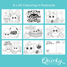 Load image into Gallery viewer, Easter fun with Cheez &#39;n&#39; Pickle &amp; friends Set of 8 A5 Colouring in Postcards with Pencils
