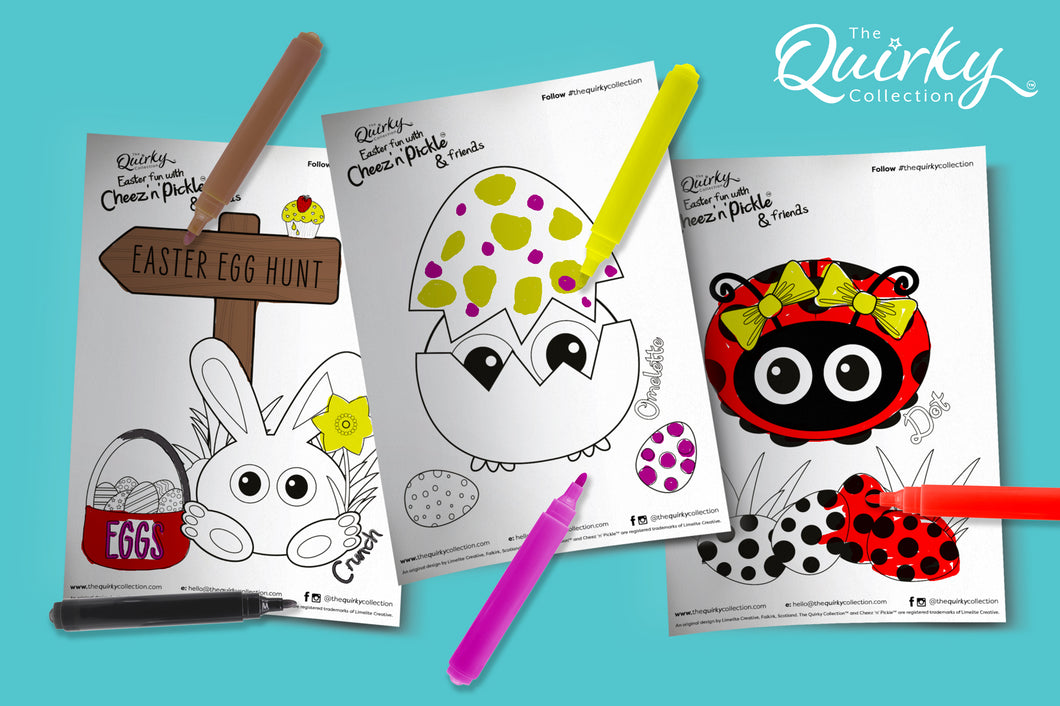 13 Downloadable Easter Fun with Cheez n Pickle & friends Colouring In Sheets