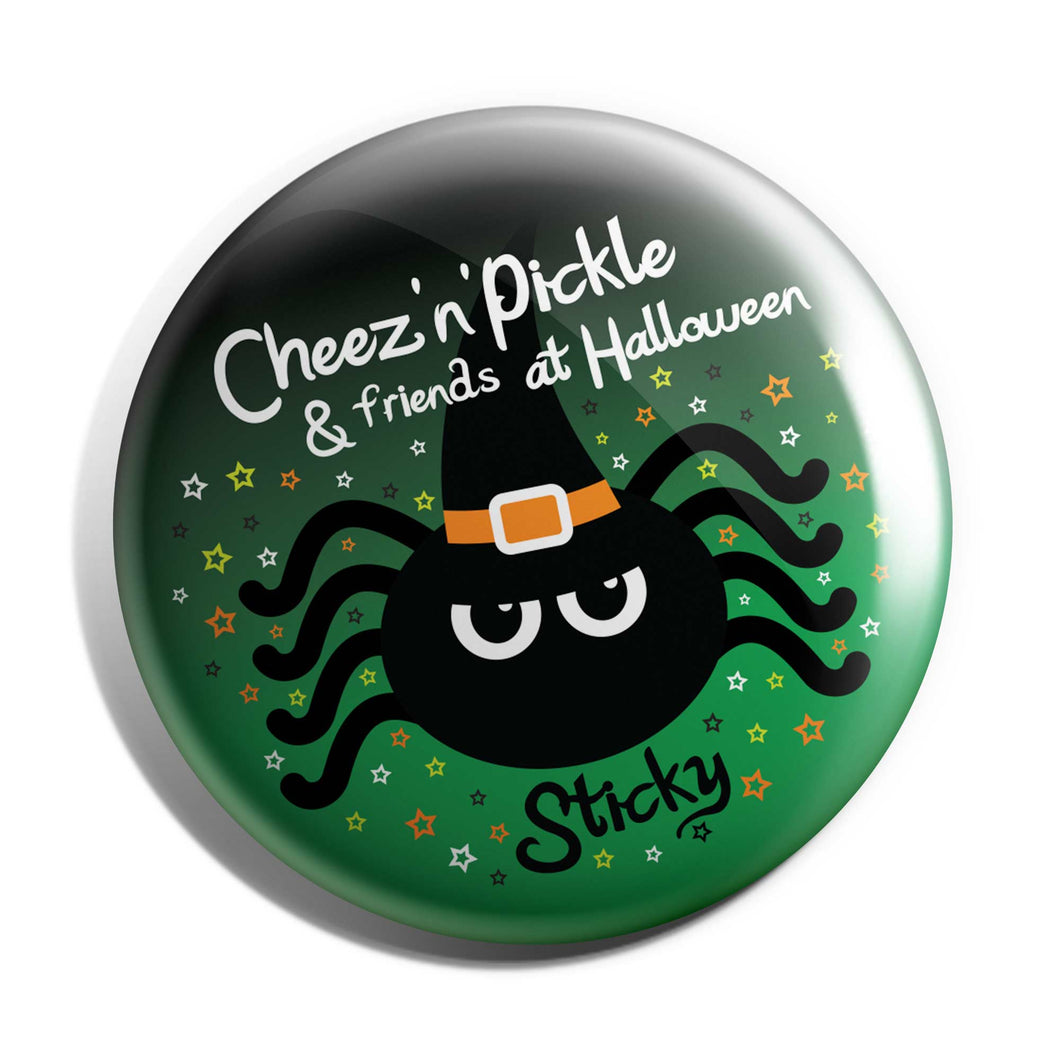 Sticky Spider Witch 38mm Halloween Button Badge