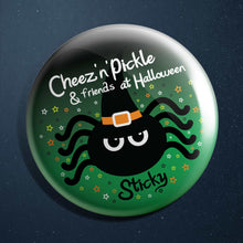 Load image into Gallery viewer, Sticky Spider Witch 38mm Halloween Button Badge
