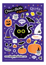 Load image into Gallery viewer, Cheez &#39;n&#39; Pickle &amp; friends at Halloween A5 peelable animal sticker sheet with 31 stickers

