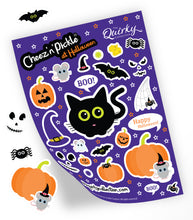 Load image into Gallery viewer, Cheez &#39;n&#39; Pickle &amp; friends at Halloween A5 peelable animal sticker sheet with 31 stickers
