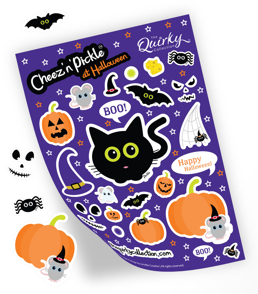 Cheez 'n' Pickle & friends at Halloween A5 peelable animal sticker sheet with 31 stickers