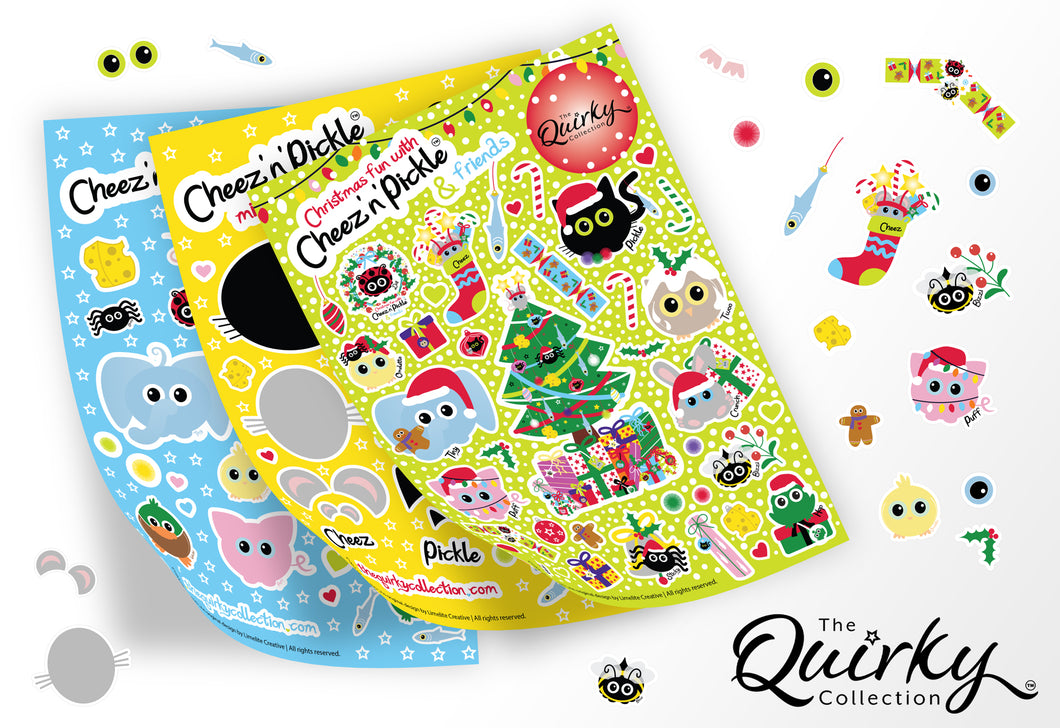 Cheez 'n' Pickle & friends Mixed Set of 3 A5 peelable sticker sheets