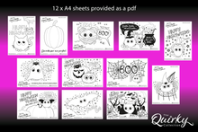 Load image into Gallery viewer, 12 Downloadable Cheez &#39;n&#39; Pickle &amp; friends Halloween Colouring In Sheets
