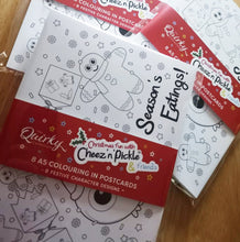 Load image into Gallery viewer, Christmas fun with Cheez &#39;n&#39; Pickle &amp; friends Set of 8 A5 Colouring In Postcards with Pencils
