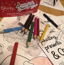Load image into Gallery viewer, Christmas fun with Cheez &#39;n&#39; Pickle &amp; friends Set of 8 A5 Colouring In Postcards with Pencils
