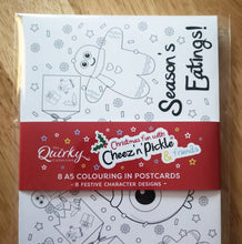 Load image into Gallery viewer, Christmas fun with Cheez &#39;n&#39; Pickle &amp; friends Set of 8 A5 Colouring In Postcards with Pencils
