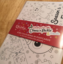 Load image into Gallery viewer, Christmas fun with Cheez &#39;n&#39; Pickle &amp; friends Set of 8 A5 Colouring In Postcards with Pencils
