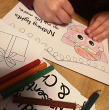Load image into Gallery viewer, Christmas fun with Cheez &#39;n&#39; Pickle &amp; friends Set of 8 A5 Colouring In Postcards with Pencils
