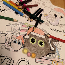 Load image into Gallery viewer, Christmas fun with Cheez &#39;n&#39; Pickle &amp; friends Set of 8 A5 Colouring In Postcards with Pencils
