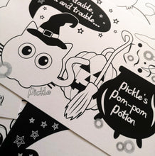 Load image into Gallery viewer, Cheez &#39;n&#39; Pickle &amp; friends at Halloween Set of 8 A5 Colouring In Postcards with Pencils
