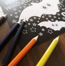 Load image into Gallery viewer, Cheez &#39;n&#39; Pickle &amp; friends at Halloween Set of 8 A5 Colouring In Postcards with Pencils
