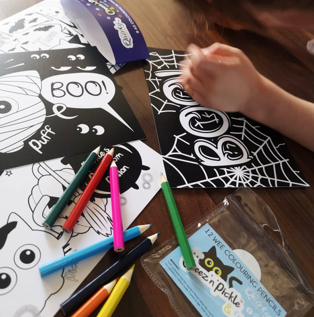 Cheez 'n' Pickle & friends at Halloween Set of 8 A5 Colouring In Postcards with Pencils