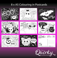 Load image into Gallery viewer, Cheez &#39;n&#39; Pickle &amp; friends at Halloween Set of 8 A5 Colouring In Postcards with Pencils
