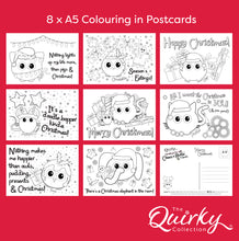 Load image into Gallery viewer, Christmas fun with Cheez &#39;n&#39; Pickle &amp; friends Set of 8 A5 Colouring In Postcards with Pencils
