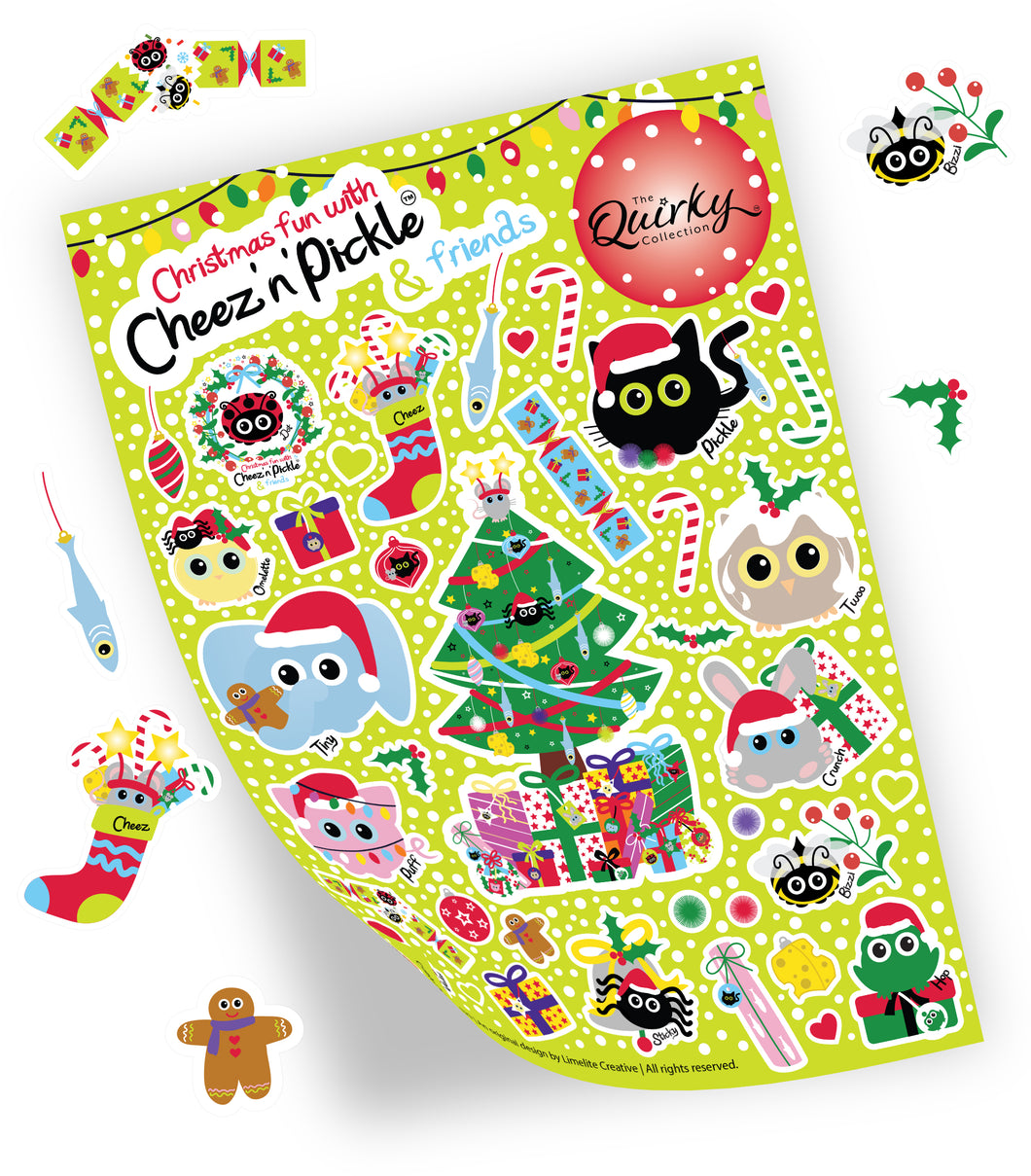 Christmas fun with Cheez 'n' Pickle & friends A5 peelable animal sticker sheet with 40 stickers