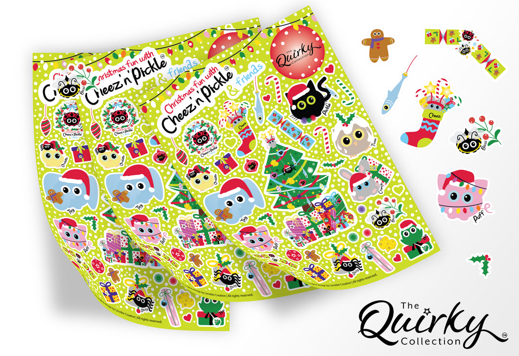 Christmas Fun with Cheez 'n' Pickle & friends Set of 3 A5 peelable sticker sheets