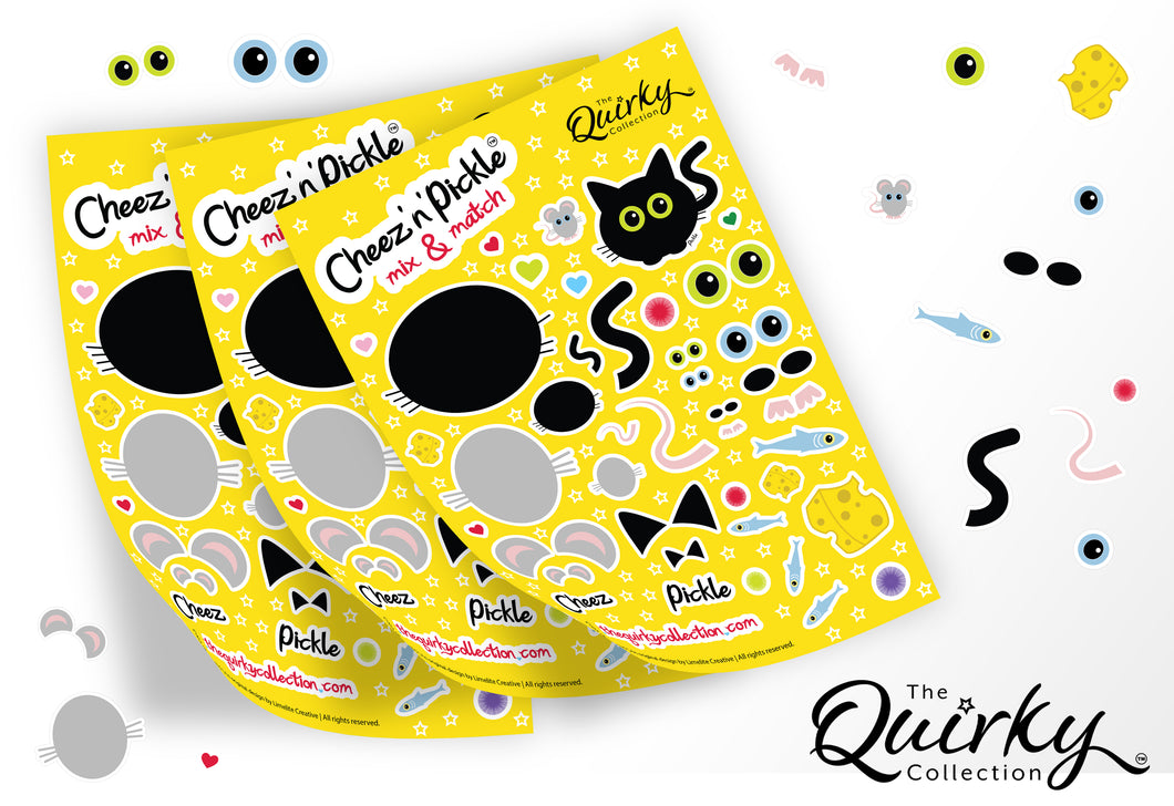 Cheez 'n' Pickle Mix & Match Set of 3 A5 peelable cat and mouse sticker sheets