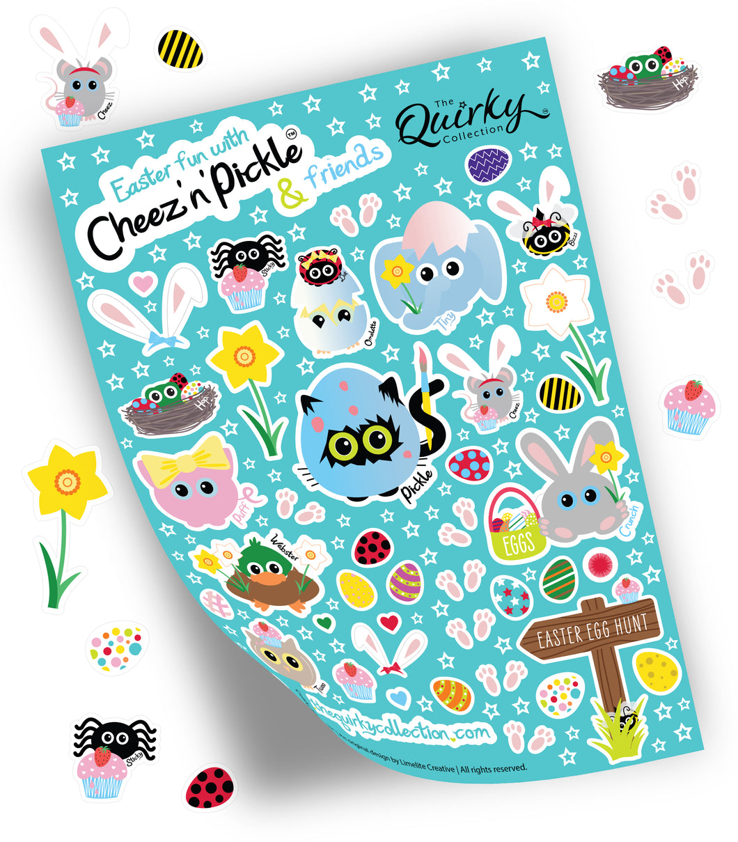 Easter fun with Cheez 'n' Pickle & friends A5 peelable animal sticker sheet with 41 stickers