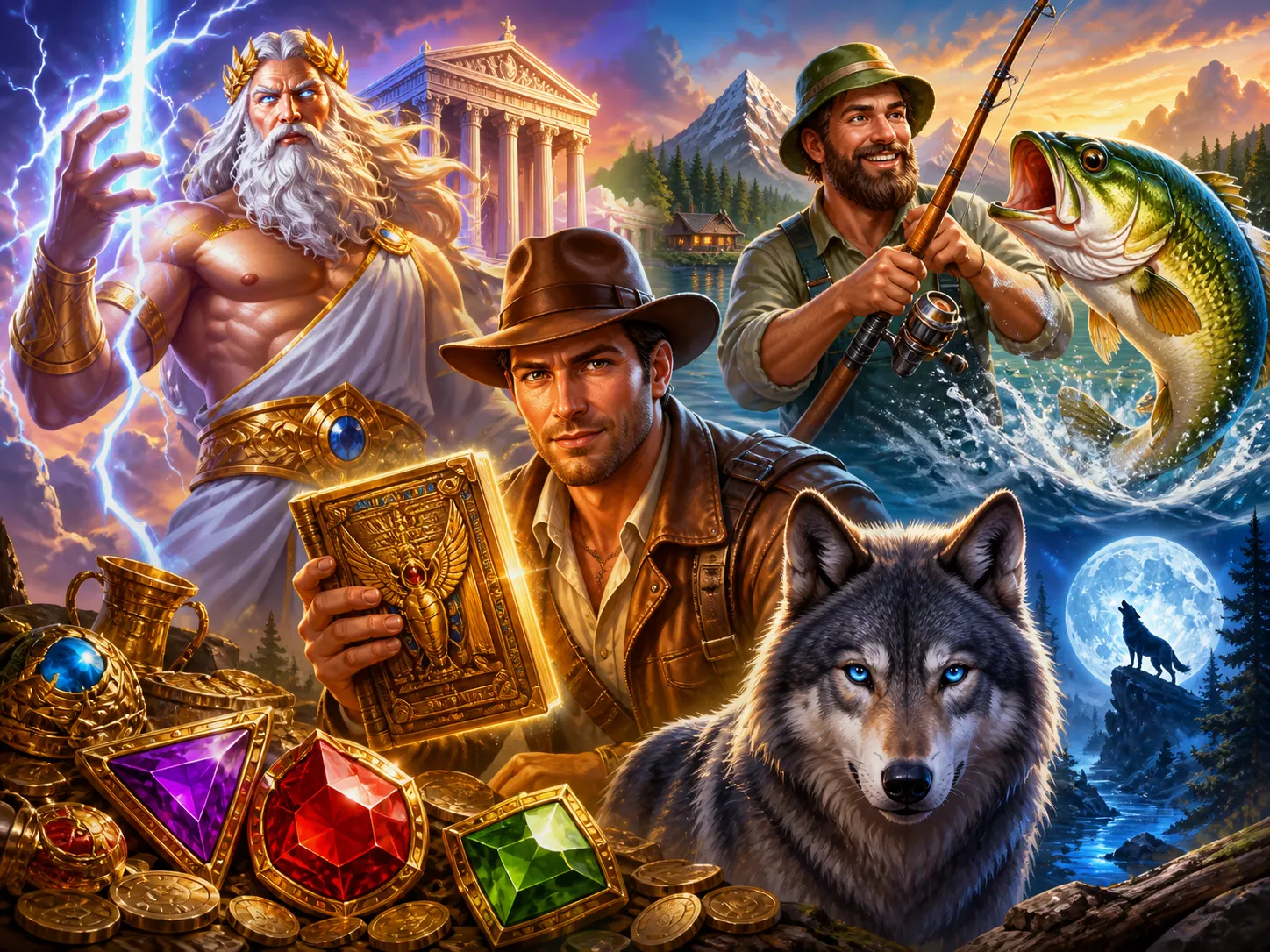 Illustrated slot game characters and vibrant worlds in a cinematic artistic composition.